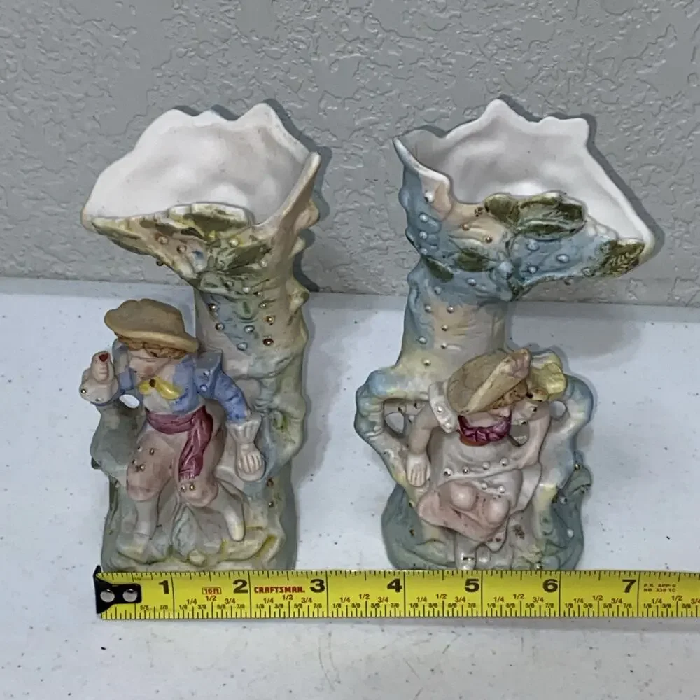 VTG Paulux Made In Occupied Japan Ceramic Figurine Vases Set Of 2 Bisque 6.5